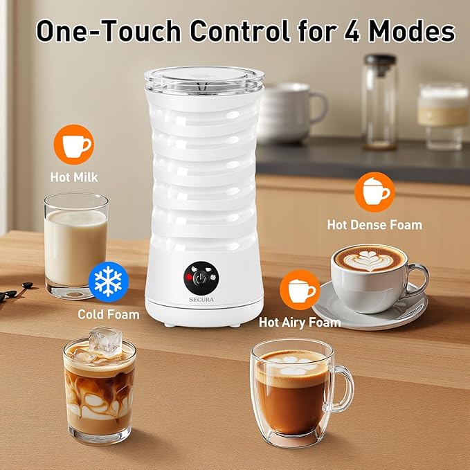 Secura Electric Milk Frother, Automatic Milk Steamer, 4-IN-1 Hot & Cold Foam Maker-8.4oz/240ml Milk Warmer for Latte, Cappuccinos, Macchiato with Silicone Spatula, Silent Operation & Shut-off