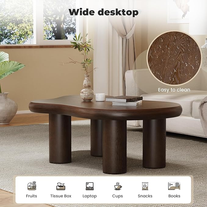 Cloud Coffee Table Modern, Irregular Shape Coffee Tables for Living Room, Simple Low Coffee Table with 4 Stable Cylindrical Legs Round Edge Design - Brown 46" W X 31" D X 15.3" H