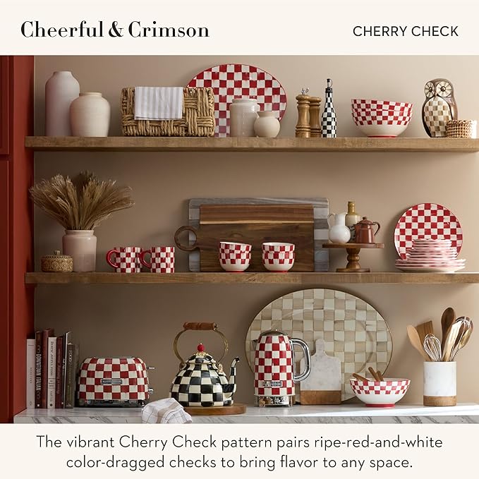 MACKENZIE-CHILDS 2-Slice Toaster, Decorative Toaster for Kitchen, Red-and-White Cherry Check