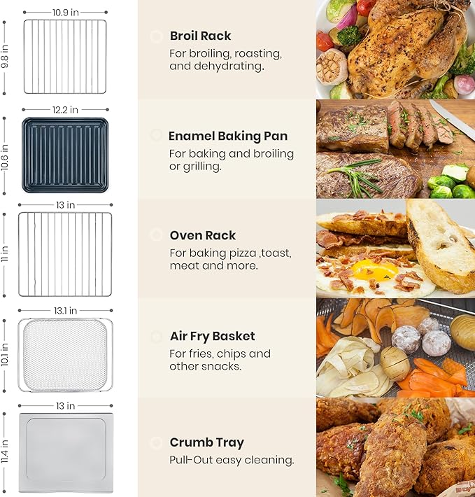 Air Fryer Toaster Oven Combo 10-in-1 Countertop Oven with Graphene Heating and True Convection, Non-Toxic Enamel Interior, Bake 12" Pizza, 6 Slices Toast, with Enamel Baking Pan Easy Clean