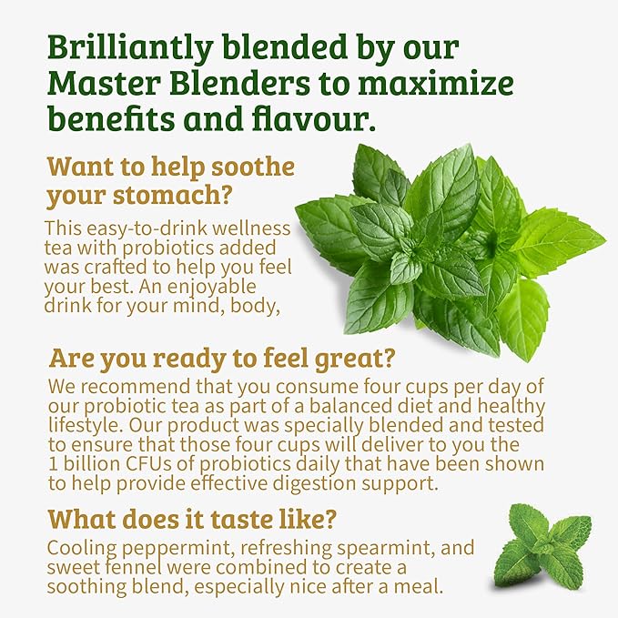 Twinings Superblends Probiotics+ Peppermint & Fennel Herbal Tea, 250 Million CFUs per Cup, 18 Tea Bags (Pack of 2), Naturally Caffeine-Free, Enjoy Hot or Iced