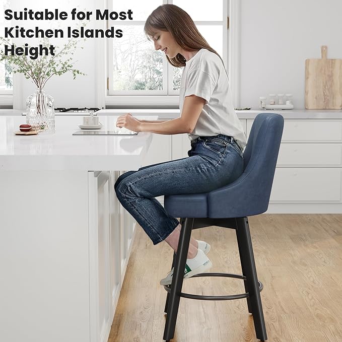 Swivel Bar Stools with Backs, 24" Counter Height Bar Stools Set of 8, Fabric Upholstered Counter Barstools with Solid Wood Legs for Kitchen Island, Home Bar, Blue