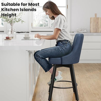 Swivel Bar Stools with Backs, 24" Counter Height Bar Stools Set of 8, Fabric Upholstered Counter Barstools with Solid Wood Legs for Kitchen Island, Home Bar, Blue