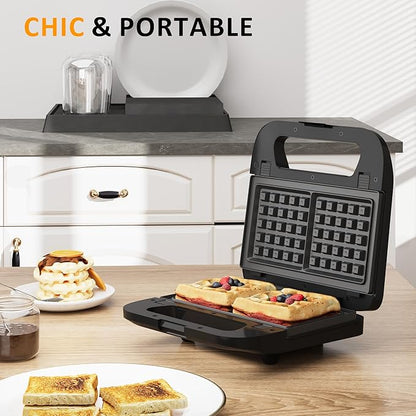 Sunvivi Sandwich Maker Panini Press: Waffle Maker with Removable Plates, 3 in 1 Sandwich Maker Press with Non-Stick Plates, Indicator Lights & Cool Touch Handle, 750W, Black