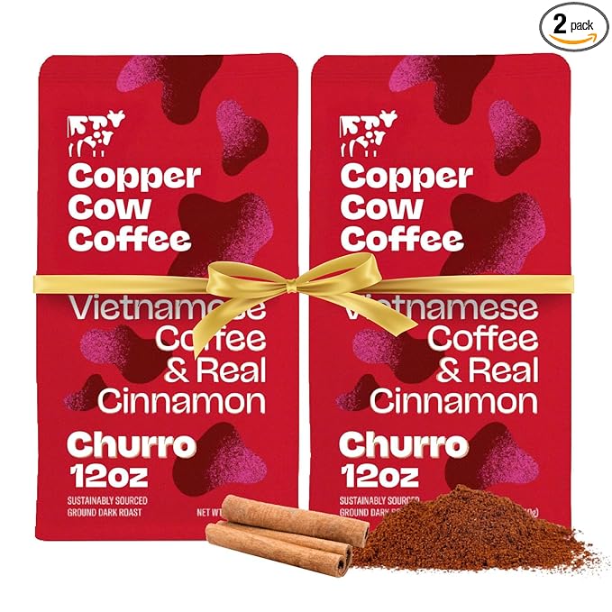 Copper Cow Premium Vietnamese Ground Coffee, 24 OZ | Churro Flavored Coffee | Dark Roast Made with Real Cinnamon | Vietnamese Coffee
