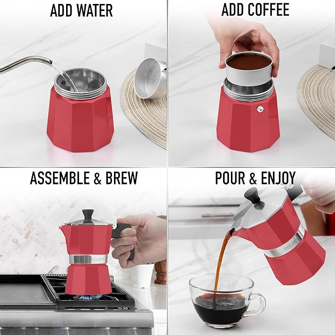 Zulay Moka Pot Espresso Stovetop Coffee Maker - Leak-Proof, Stainless Steel, Easy to Clean, Heat Resistant Handle & Knob - for Authentic Cuban & Italian Style Espresso - Makes 6 Espresso Cups - Red