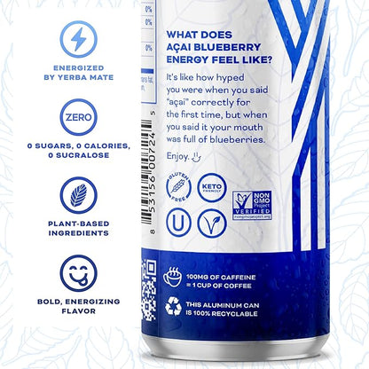 Yerbaé Energy Seltzer - Acai Blueberry, No Sugar/Calories/Carbs. Energized by Yerba Mate, Naturally Caffeinated, Plant-Based, Healthy Alternative to Coffee Sugary Sodas, Pack of 12, 12oz cans