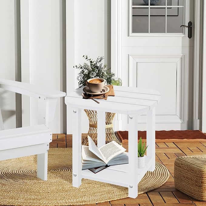 LZRS Outdoor Side Table - 2-Tier Adirondack HDPE Patio End Table for Pool, Porch,Balcony & Backyard,Weather Resistance for Indoor and Outdoor use(White)