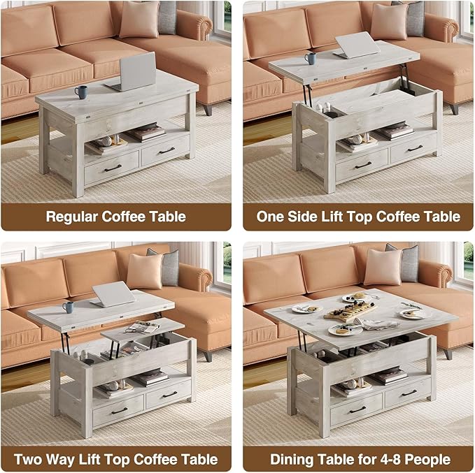 Rolanstar Coffee Table Lift Top, Multi-Function Convertible Coffee Table with Drawers and Hidden Compartment, Converts to Dining Table for Living Room, Home Office,Grey