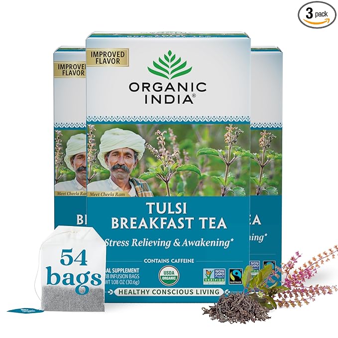 ORGANIC INDIA Tulsi Breakfast Herbal Tea - Black Tea, Holy Basil, Relieve Stress & Energize, USDA Organic, Non-GMO, Caffeinated - 18 Bags, 3 Pack