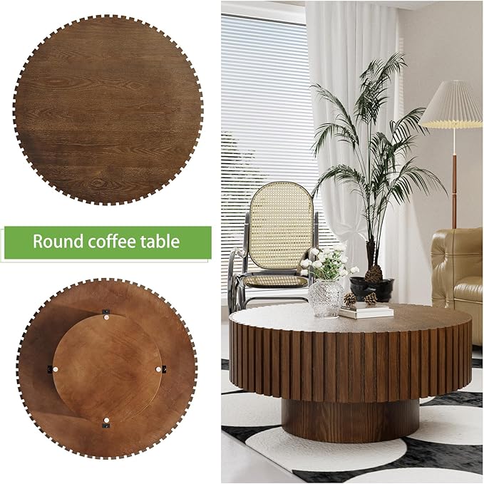 Artisan-Crafted Round Fluted Coffee Table - Solid Wood Drum Base with Detailing, Handmade Circular Centerpiece for Living Room, Rustic Modern Home Decor (D Walnut 31in)