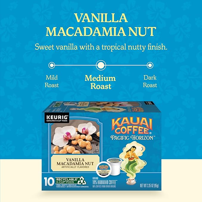 Kauai Coffee K-Cup Pods - Vanilla Macadamia Nut Flavor – Premium Arabica, 10 CT (Pack of 6)