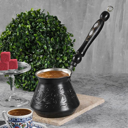 BCS 18 Oz X-Large Copper Turkish Greek Arabic Coffee Pot with Wooden Handle (6 servings) Cezve Briki Ibrik Stovetop Coffee Maker (Includes Wooden Spoon)