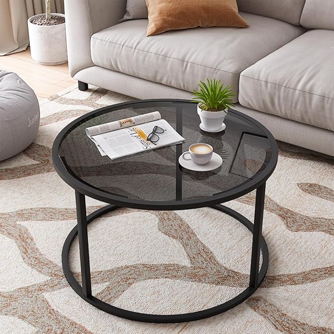 Glass Coffee Table Modern Center Table,Minimalist Round Coffee Tea Table,Tempered Glass-top with Sturdy Metal Frame for Living Room Bedroom Office and Small Space, 27 x 27 x 17 Inch,Gray Black