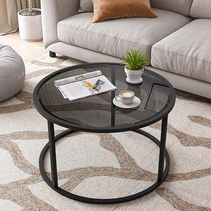 Glass Coffee Table Modern Center Table,Minimalist Round Coffee Tea Table,Tempered Glass-top with Sturdy Metal Frame for Living Room Bedroom Office and Small Space, 27 x 27 x 17 Inch,Gray Black