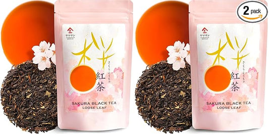 YAMASAN KYOTO UJI Sakura Black Tea Loose Leaf (80g) - Blending Benifuki and Japanese Sakura Cherry Blossom Leaves, Floral and Refreshing Wakocha (Pack of 2)