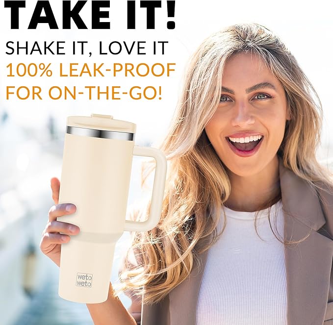 WETOWETO 40oz Tumbler with Handle | Insulated Stainless Steel Travel Mug | 34Hrs Cold & 10Hrs Hot Retention | 100% Leakproof Lid & Straw | Dishwasher Safe + Car Cup Holder Fit (Cream Color)