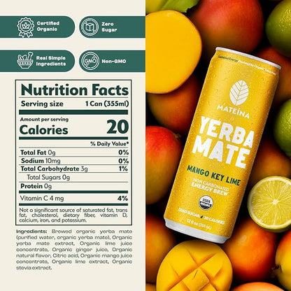 Mateina Yerba Mate Zero Sugar Energy Drink – 120mg Natural Caffeine – Organic, Non-GMO, Non-Carbonated – Dr. Andrew Huberman Recommended – 12 Pack (12oz Cans) (12 Pack, Mango Key Lime)