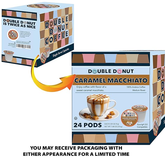Double Donut Coffee Flavored Coffee Pods, Caramel Macchiato Coffee for Keurig K Cups Machines, Medium Roast in Recyclable Pods, 24 Count