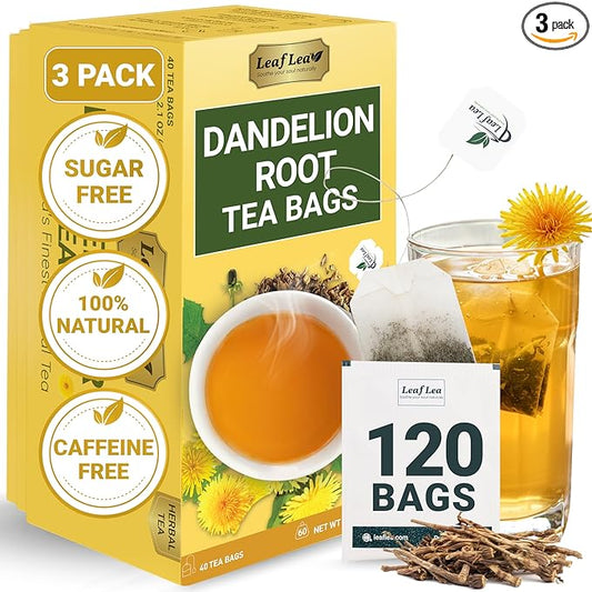 LeafLea 120 Dandelion Root Tea Bags, Dandelion Tea Promotes Healthy Digestion & Immune Function, 100% Natural and Pure from Dandelion Root Herbal Tea, Caffeine-Free, Sugar-Free, Vegan, Pack of 3
