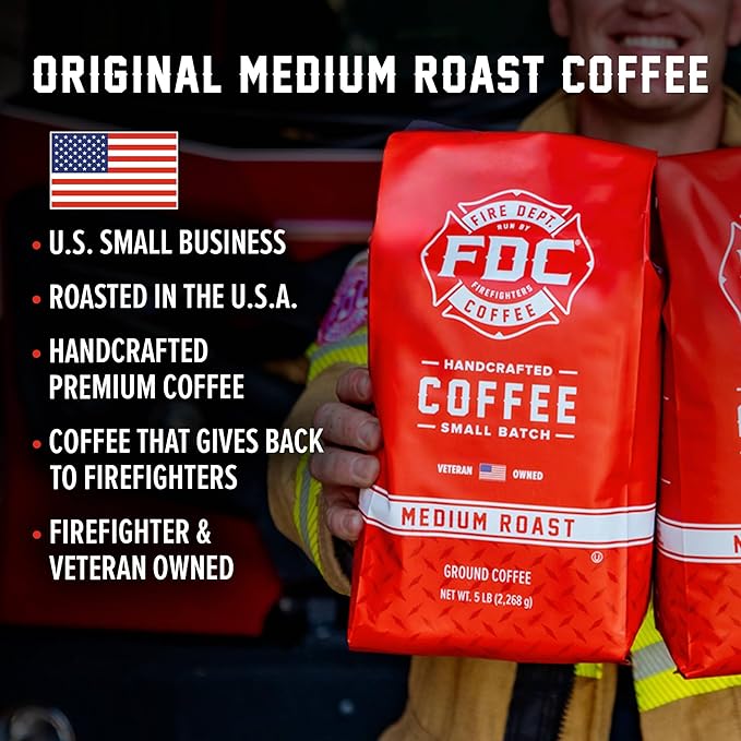 Fire Department Coffee - Gives Back to Firefighters - Balanced & Smooth Original Medium Roast Ground Coffee - Roasted in the USA - Veteran Owned - Bulk 5 LB