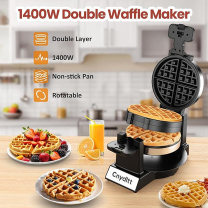 Double Waffle Maker, 1400W Rotating Belgian Waffle Iron with Nonstick Plates, 180° Flip, 8-Slice, Removable Drip Tray, Locking Lid & Cool Touch Handles, Stainless, Black