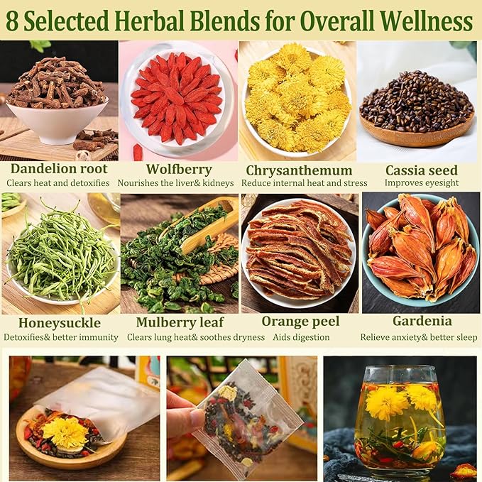 Dandelion Wolfberry Tea, 24 Pcs Organic Dandelion Tea for Kidneys & Liver Health, Eight Natural Chinese Herbal Ingredients Blend with Chrysanthemum, Wolfberry, Cassia Seed (288g (12gx24 packs)