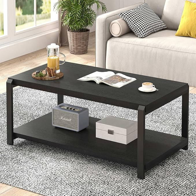 EXCEFUR Black Coffee Table, Modern Rustic Wood Center Table for Living Room, Industrial Rectangle Cocktail Tea Table with Storage Shelf