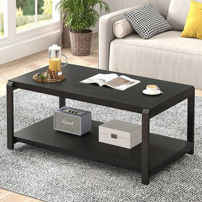 EXCEFUR Black Coffee Table, Modern Rustic Wood Center Table for Living Room, Industrial Rectangle Cocktail Tea Table with Storage Shelf