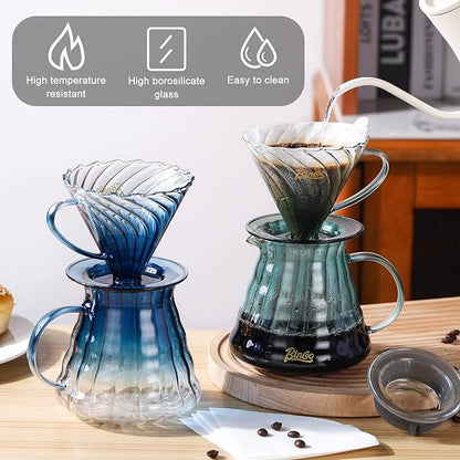 Bincoo Pour Over Coffee Maker Set with Dripper Size 02,600ml Glass Coffee Server Set,60 Angle Tapered Glass Coffee Dripper with Stand&Filter Paper for Home Office Gift (Blue)