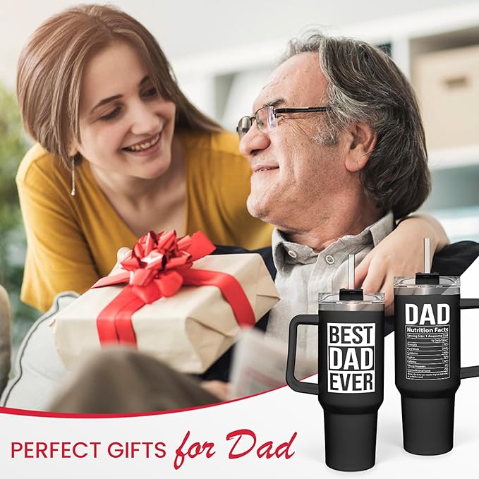 Dad Gifts for Dad from Daughter Son Best Dad Ever Tumbler with Handle 40oz Stainless Steel Insulated - Coffee Tumbler for Father's Day Birthday Christmas Cup Gift Set with Lid & Straw