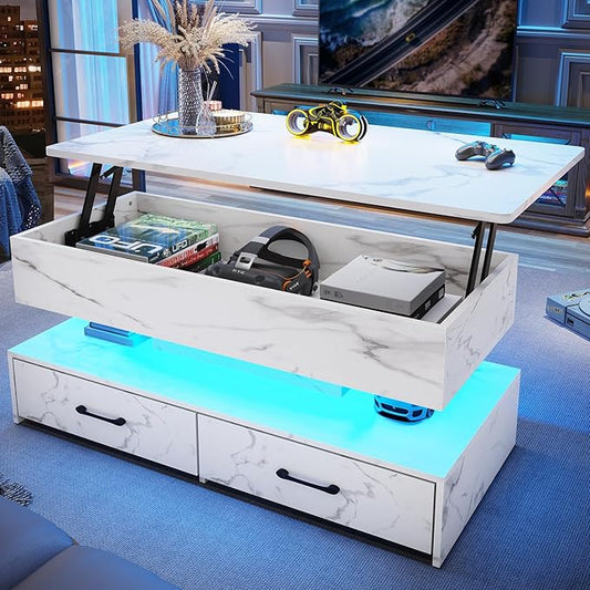 SEDETA 40" Lift Top Coffee Table, Coffee Tables with Storage for Living Room, Small Coffee Table with 2 Drawers & LED Light for Dining Reception Room, White Marble