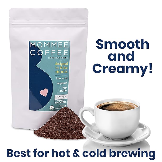 Mommee Coffee Half Caf Ground Low Acid Coffee - 100% Arabica Organic Coffee Beans with Smooth Caramel Flavor - Medium Grind for Drip, Reusable One Cup Filters - 11 oz