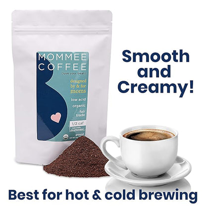 Mommee Coffee Half Caf Ground Low Acid Coffee - 100% Arabica Organic Coffee Beans with Smooth Caramel Flavor - Medium Grind for Drip, Reusable One Cup Filters - 11 oz