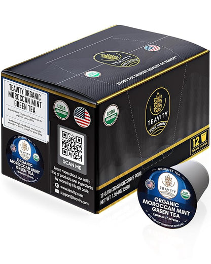Organic Moroccan Mint Tea and Green Tea Pods for Keurig - Caffeinated Unsweet Tea for K Cup Brewing by Teavity (12 Tea Pods)