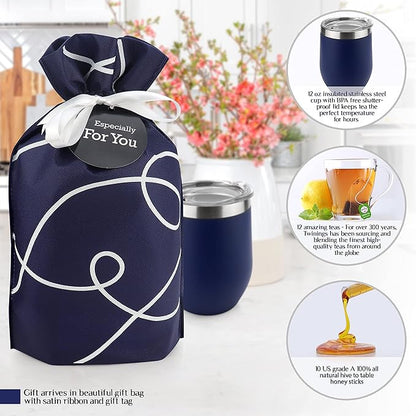 Tea Lovers Gifts Basket - Gift Set Include Temperature Retention Cup 12 Special Blend Teabags & Honey Presented in Beautiful Gift Bag For Women & Men - Birthday, Get Well, Thinking of You Care Package