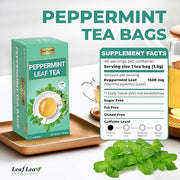 LeafLea 40 Peppermint Tea Bags, Natural Peppermint Leaf Herbal Tea with Cool Taste, Te De Menta for Gentle Digestive Support, Te De Hierba Buena, Caffeine-Free, Sugar-Free, Vegan, Individually Wrapped