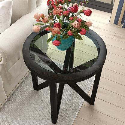 End Table Living Room Sofa Side Table Modern Simple Round Transparent Tempered Glass Top and Wood Base, Office Terrace Study Accent End Table, Black Brown