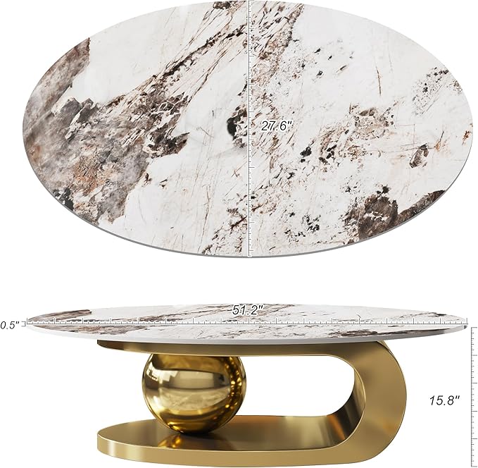 Modern Coffee Table with Gold Stainless Steel Pedestal,Oval Living Room Table with Faux Marble Top,Sintered Stone Cocktail Center Table Marble Grain,51.20inch