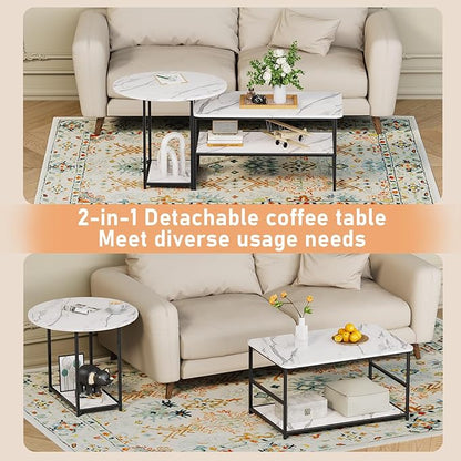 WOHOMO 48IN Faux Marble Wood Coffee Table with Adjustable Shelf, White Nesting Tables 2 in 1, Small Coffee Tables for Living Room