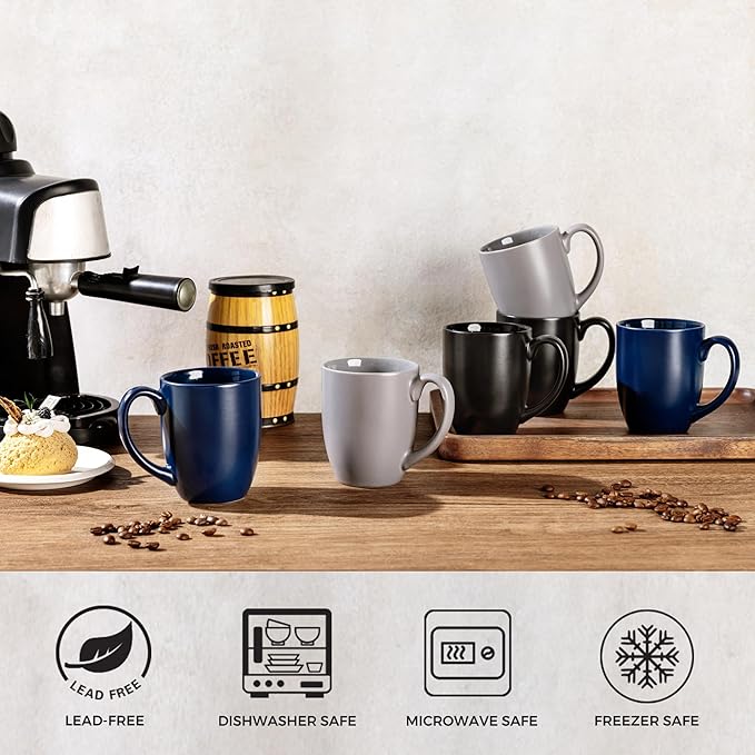 AmorArc 12 oz Coffee Mugs Set of 6, Ceramic coffee mugs with large handle for Men Women, Coffee Mugs for Coffee,Tea,Latte,Cocoa. Easy to Hold&Clean, Dishwasher&Microwave Safe, Matte Grey