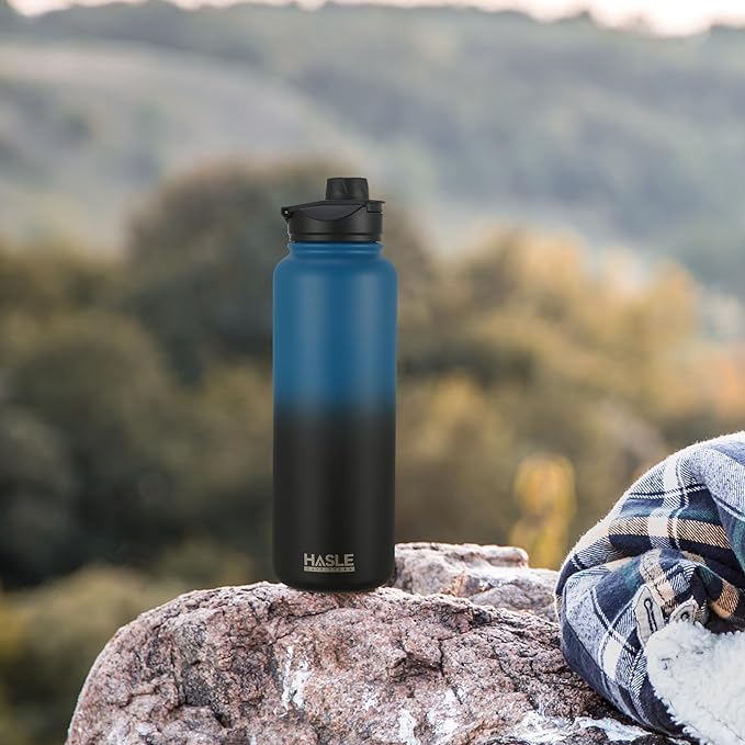 HASLE OUTFITTERS 40oz Stainless Steel Water Bottle, Vacuum Insulated Double Walled Leak Proof Sports Water Bottle with 2 Lids (Straw and Spout Lid) Keep Cold and Hot(Blue Black Gradient,1)