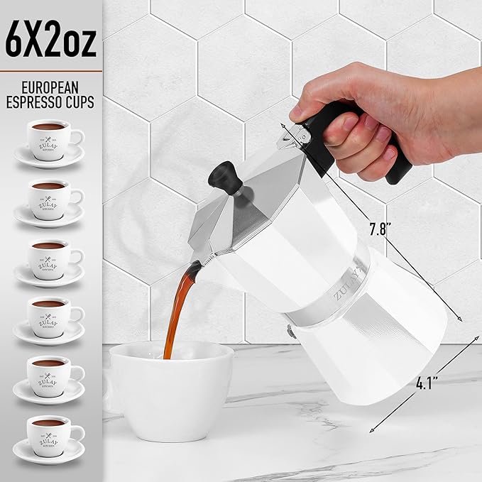 Zulay Moka Pot Espresso Stovetop Coffee Maker - Leak-Proof, Stainless Steel, Easy to Clean, Heat Resistant Handle & Knob - for Authentic Cuban & Italian Style Espresso - Makes 6 Espresso Cups - White