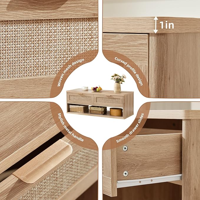 LEYAOYAO 48" Farmhouse Boho Rattan Coffee Table with 2 Woven Drawers,Rectangular Coffee Tables with Hidden Storage Compartment,Curved Profile Design,Wooden Center Table for Living Room,Natual Wood