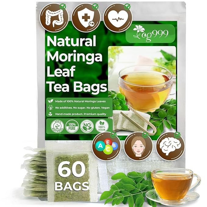 TOG999, Premium 60 Moringa Leaf Tea Bags, 100% Natural & Pure, Loose Leaf Moringa Herbal Tea. No Sugar, No Caffeine, No Gluten, Vegan.