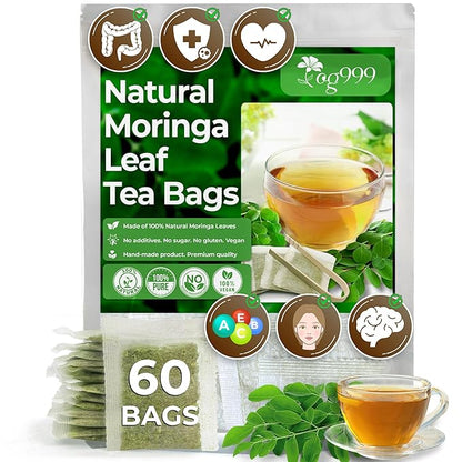 TOG999, Premium 60 Moringa Leaf Tea Bags, 100% Natural & Pure, Loose Leaf Moringa Herbal Tea. No Sugar, No Caffeine, No Gluten, Vegan.