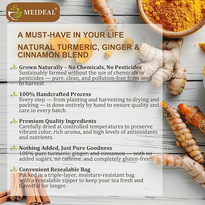 60 Bags Premium Turmeric Ginger Cinnamon Tea, 100% Natural Ingredients Blend, Pure Turmeric Ginger Herbal Tea for Wellness, No Additives, No Sugar, No Caffeine, Vegan (60 Bags)