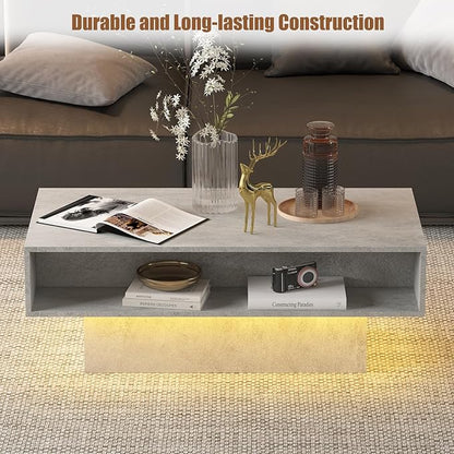 Grey Coffee Table with Storage, Rectangular Center Table for Living Room, Modern High Glossy Farmhouse Grey Coffee Table with 16 Colors LED Lights, Wooden Living Room Table, Pullout Storage