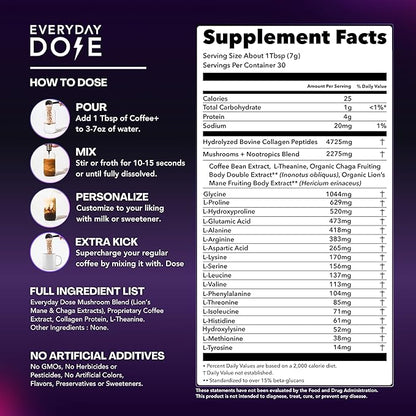 Everyday Dose Premium Adaptogenic Mushroom Coffee with Grass-Fed Collagen, Chaga, Lions Mane & L-Theanine for Better Focus, Energy, Digestion, Skin, and Immunity 30 Servings