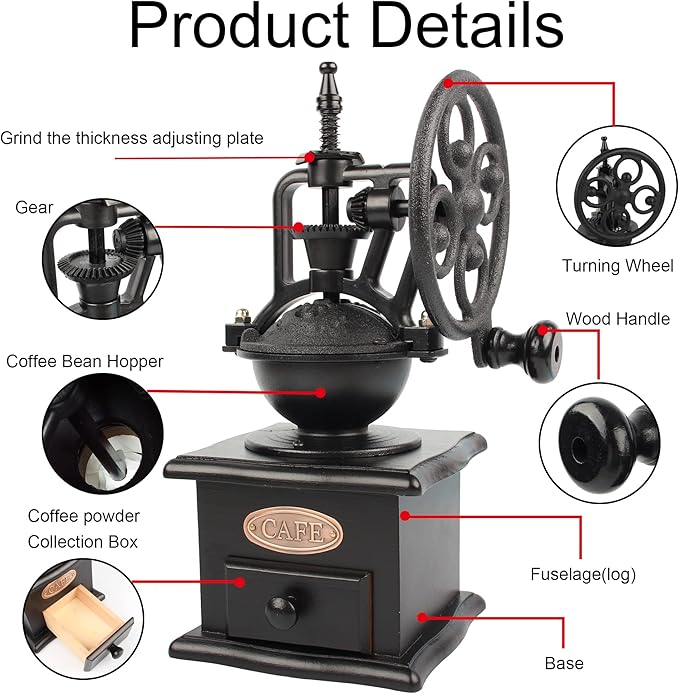 Coffee Grinder,Wooden Coffee Bean Grinder Manual Coffee Grinder Roller, Antique Coffee Mill with Cast Iron Hand Crank for Making Mesh Coffee, Decoration, Best Gift (Black (four deformation base))